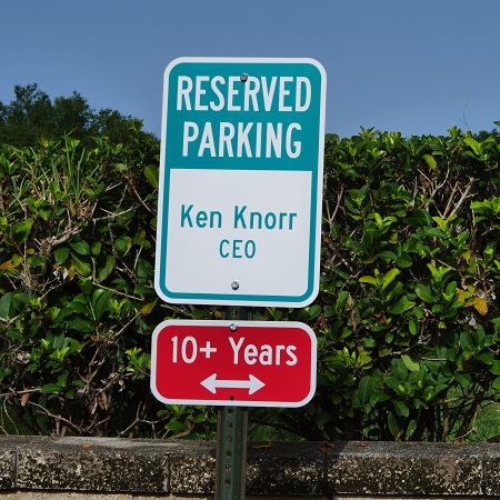 A sign for long-term employee, and owner, Ken Knorr.