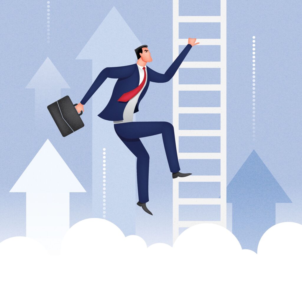 grpahic of a man in a suit climbing a ladder