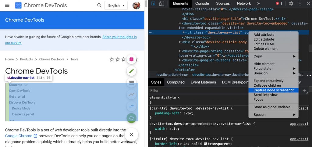 Capture node screenshots via Elements panel context menu | Capture node Screenshot Highlighted in Elements