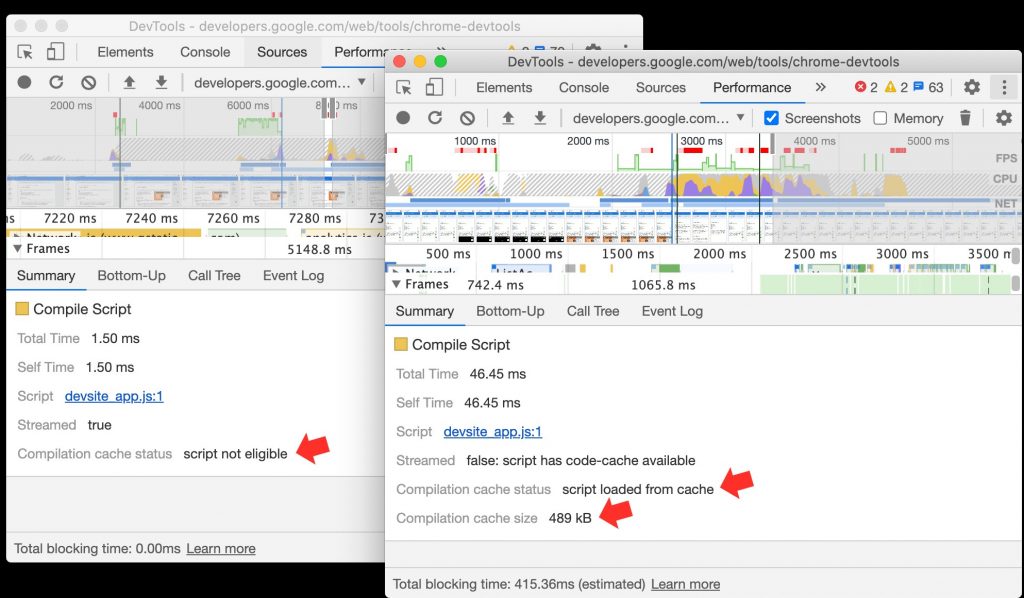 Performance Panel Updates in the DevTools | Sources Tab, Red arrow Pointing at Compilation Cache Status