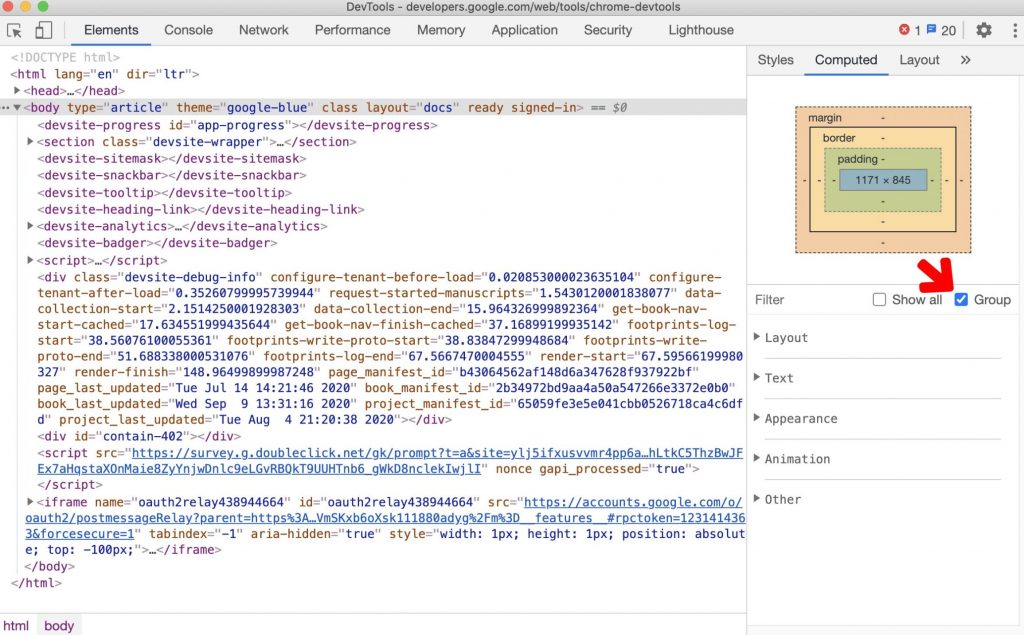 Web Design Tips Grouping CSS Properties in the Computed Pane | Inspector elements, Group Checkmarked