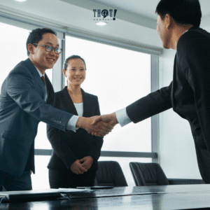 Respect | A Man Shaking Hands With Another Man Beside A Girl In A Conference Room