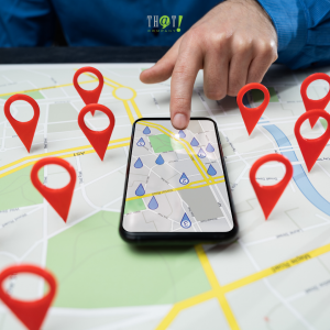 When should I use Geolocation Targeting? | A Finger Pointing a location on Google Maps in A Phone While The Phone is On The Top Of A Paper Map With Red Pinned Locations 