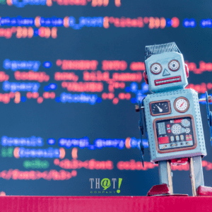 Disavowing Links & Google Rank Algorithms | A Robot standing In Front Of A Screen Showing Codes
